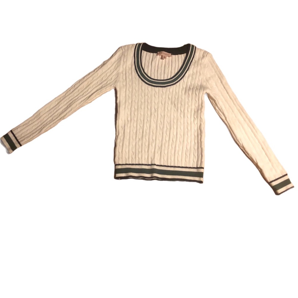 Cream Cable Knit Sweater with Green Trim